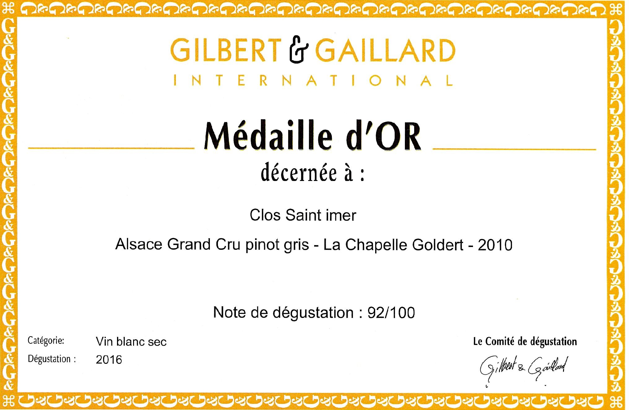 Médaille d'Or pour le Pinot Gris Clos Saint-Imer 2010