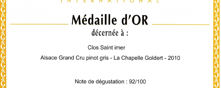 Médaille d'Or pour le Pinot Gris Clos Saint-Imer 2010