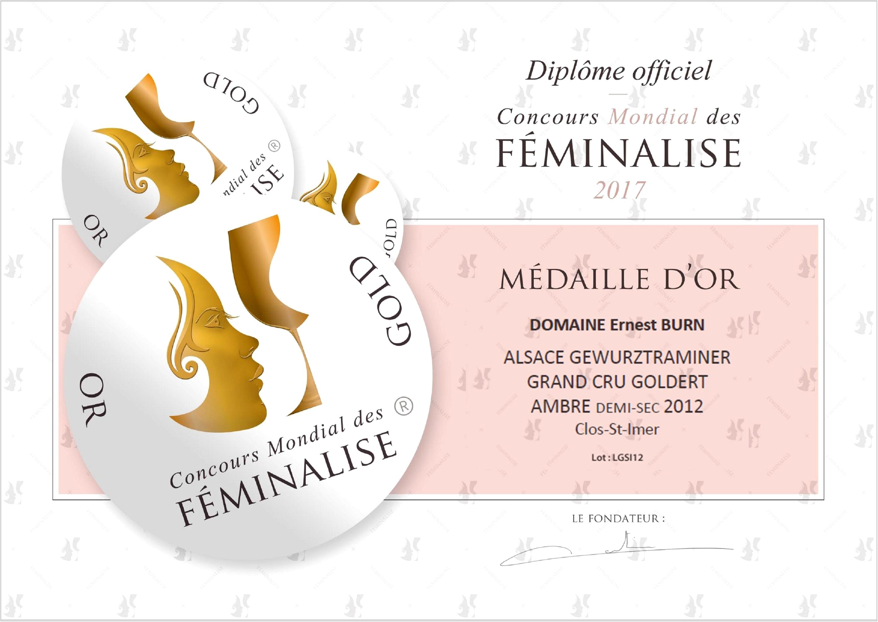 Médaille d'Or pour le Gewurztraminer Clos Saint-Imer 2012