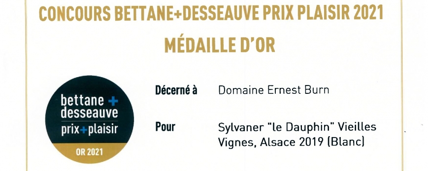 Médaille d'OR pour notre Sylvaner "le Dauphin" 2019