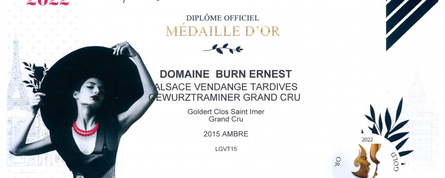 Médaille d'OR pour notre Gewurztraminer Clos Saint Imer Vendanges Tardives 2015